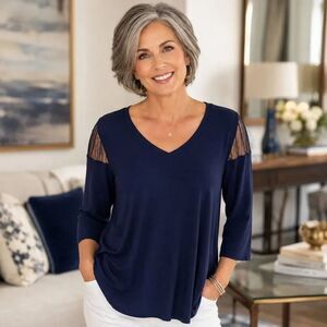By JJ Womens Sheer Mesh Cutout Shoulders Quarter Sleeve Tunic Top Navy Small